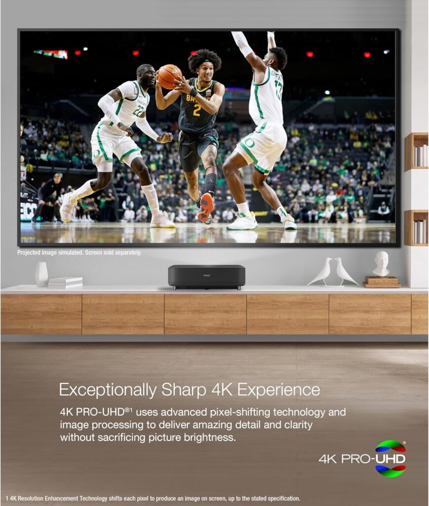 Epson EpiqVision Ultra LS650 Ultra Short Throw 3-Chip 3LCD Smart Streaming Laser Projector, 4K PRO-UHD, HDR, 3,600 Lumens, up to 120, Epson Setting Assistant, Android TV, Sound by Yamaha - Black