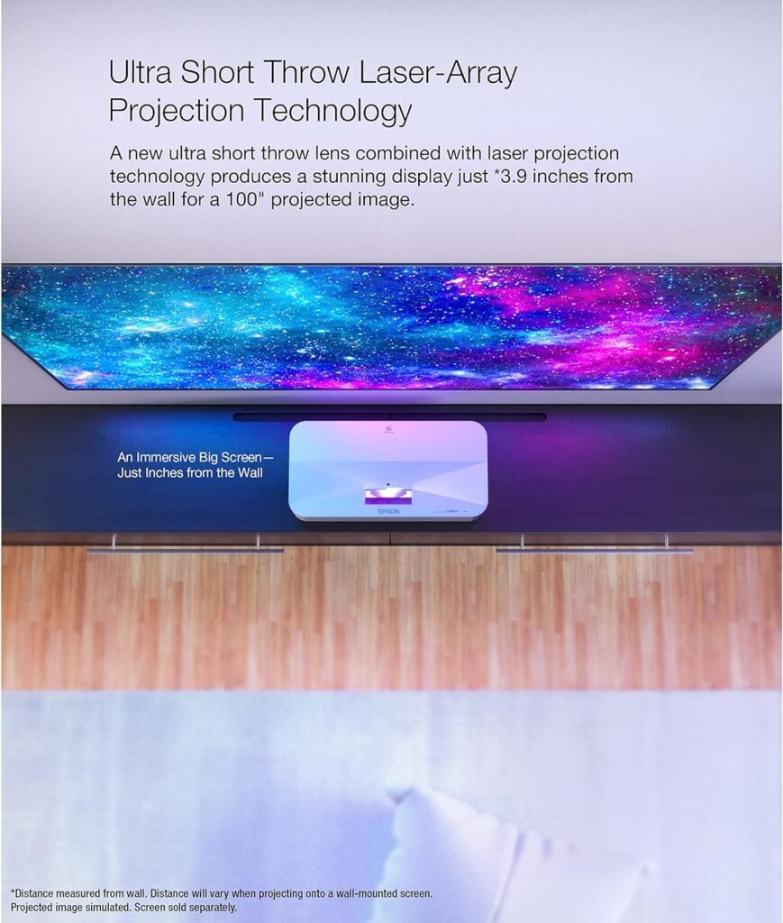 Epson EpiqVision Ultra LS800 Ultra Short Throw 3-Chip 3LCD Smart Streaming Laser Projector, 4,000 Lumens, 4K PRO-UHD, HDR, 150 Class, Android TV, 2.1ch Yamaha Built-in Speakers - White (Renewed)