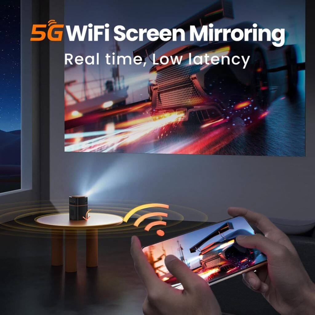 FATORK Mini Projector with 5G WiFi,1080P HD Small Projector Short Throw with Tripod, Outdoor Projector for Phone, Rechargeable Portable Projector, Compatible with iOS/Android/TV Stick/HDMI/USB 2.0