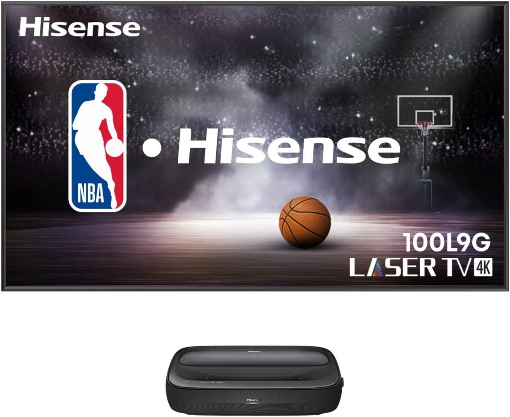 Hisense 100L9G-CINE100A 4K UHD Laser TV, Triple-Laser UST Ultra Short Throw Projector with 100 ALR Screen, 3000 Lumens, Android TV, HDR10, 40W Dolby Atmos, Built-in Alexa and Google Assistant