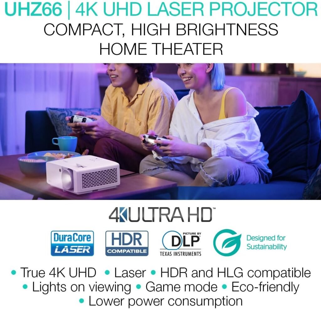 Optoma UHZ66 Compact Long Throw True 4K UHD Laser Home Cinema and Gaming Projector, 4000 Lumens