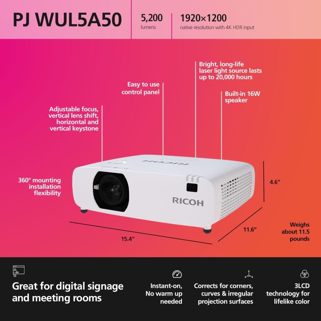 RICOH PJ WUL5A40ST Compact 3LCD Laser Projector | 4500 Lumens | 1920x1200 WUXGA w/4K Input | Short Throw Lens Projects 1.69 - 4.82 ft | 55-150 Screen | 360° Install | Up to 30k hrs | 16W Speaker