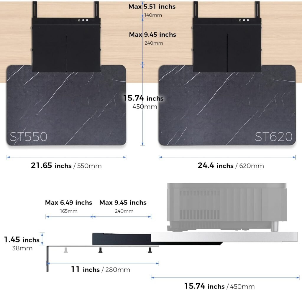 TS620 Motorized Slider Tray for Ultra Short Throw(UST) Projector  Laser Projector TV. Projector Shelf Extend to 150 Picture. Auto Telescopic Retractable Tray, Three Types Installation