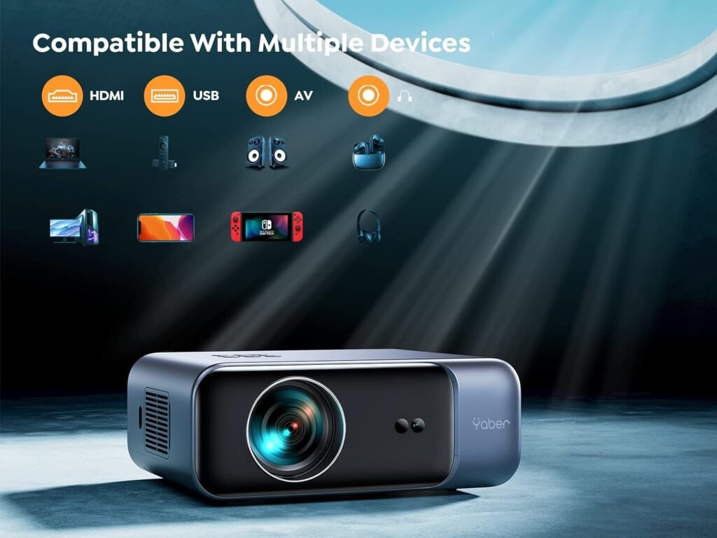 [Auto Focus/4K Support] Projector with WiFi 6 and Bluetooth 5.2, YABER Pro V9 600 ANSI Native 1080P Outdoor Movie Projector, Auto 6D Keystone  50% Zoom, Home Theater Projector for Phone/TV Stick/PC