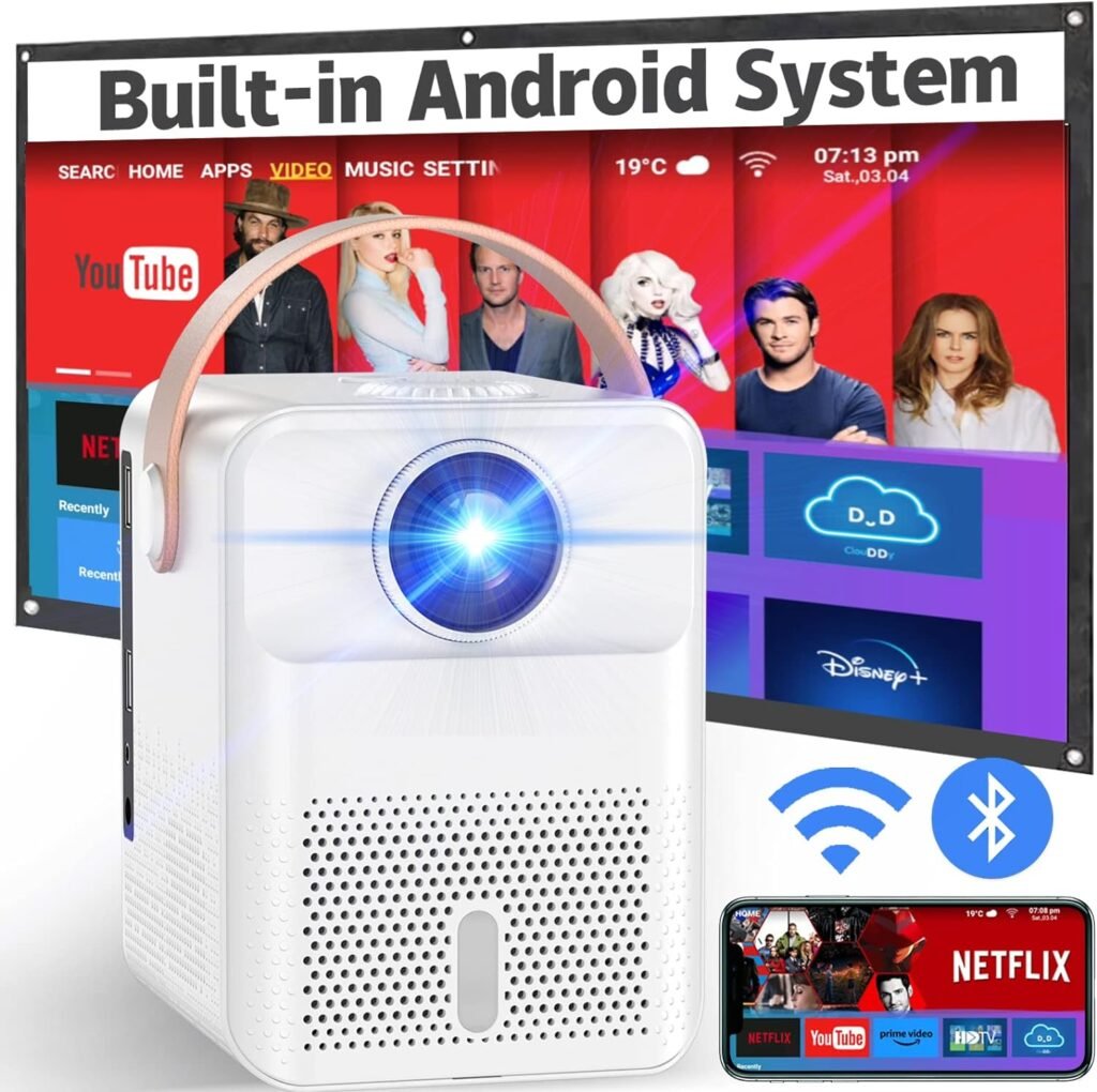 Smart Projector 4K Android System, 15000Lm Mini Projector with WiFi and Bluetooth, 4K Outdoor Projector Max 300” Digital ±45° 4D Keystone Zoom Support, Compatible with Phone, TV Stick, Game, USB